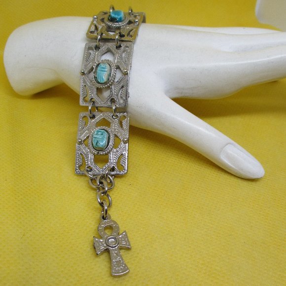 EGYPTIAN Revival SCARAB ANKH Turquoise STONE Silver Tone Metal Panel Bracelet - Picture 2 of 13
